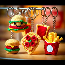 An enchanting array of crocheted fast food keychains, showcasing a delightful selection of iconic snacks