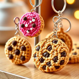 A delightful assortment of crocheted cookie keychains, featuring a variety of classic cookie designs