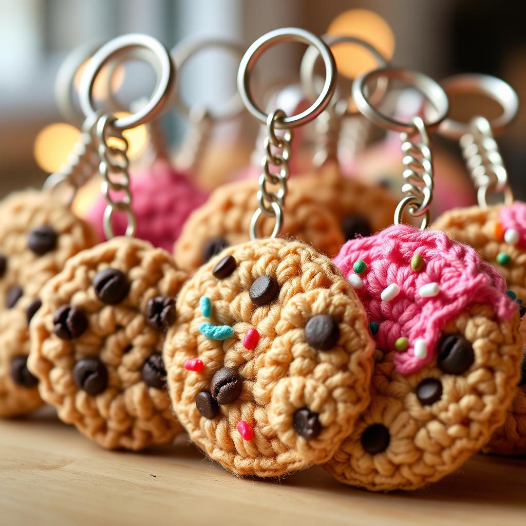 A delightful assortment of crocheted cookie keychains, featuring a variety of classic cookie designs