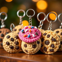 A delightful assortment of crocheted cookie keychains, featuring a variety of classic cookie designs