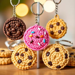 A delightful assortment of crocheted cookie keychains, featuring a variety of classic cookie designs