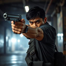 A tense scene featuring a focused man confidently pointing a firearm