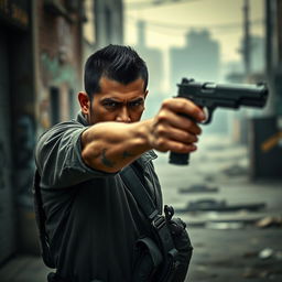 A tense scene featuring a focused man confidently pointing a firearm