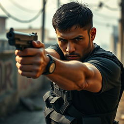 A tense scene featuring a focused man confidently pointing a firearm