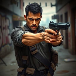A tense scene featuring a focused man confidently pointing a firearm