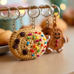 A delightful display of crocheted cookies keychains, featuring a variety of cheerful cookie designs