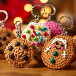A delightful display of crocheted cookies keychains, featuring a variety of cheerful cookie designs