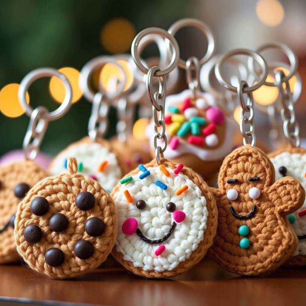 A delightful display of crocheted cookies keychains, featuring a variety of cheerful cookie designs
