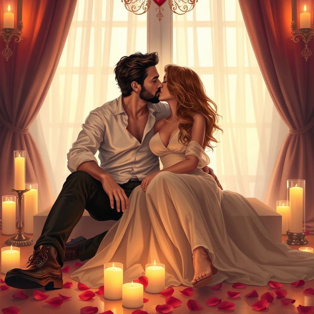 A romantic and intimate scene depicting a sensual couple sitting closely together, sharing a passionate kiss, surrounded by soft candlelight