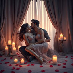 A romantic and intimate scene depicting a sensual couple sitting closely together, sharing a passionate kiss, surrounded by soft candlelight