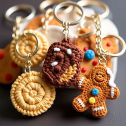 A delightful collection of crocheted biscuit keychains, featuring an array of charming biscuit designs