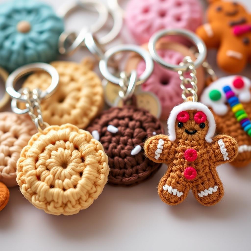 A delightful collection of crocheted biscuit keychains, featuring an array of charming biscuit designs