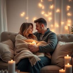 A cozy and heartwarming scene of a romantic couple cuddling on a plush sofa in a softly lit room
