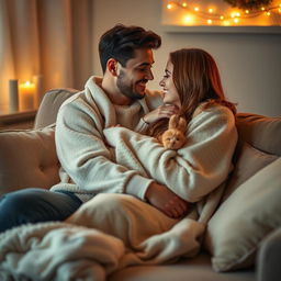 A cozy and heartwarming scene of a romantic couple cuddling on a plush sofa in a softly lit room