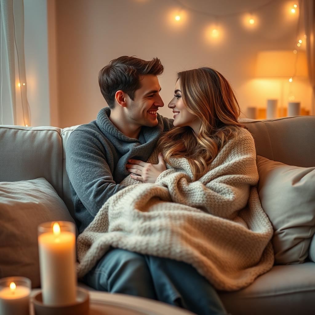 A cozy and heartwarming scene of a romantic couple cuddling on a plush sofa in a softly lit room