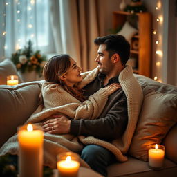 A cozy and heartwarming scene of a romantic couple cuddling on a plush sofa in a softly lit room