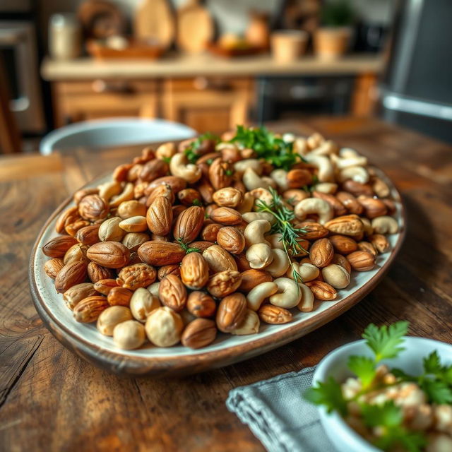 A beautifully arranged platter showcasing a variety of nuts including pistachios, walnuts, almonds, and cashews