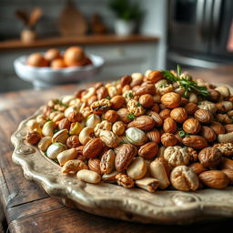 A beautifully arranged platter showcasing a variety of nuts including pistachios, walnuts, almonds, and cashews