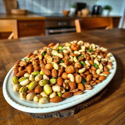 A beautifully arranged platter showcasing a variety of nuts including pistachios, walnuts, almonds, and cashews