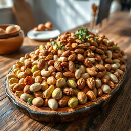 A beautifully arranged platter showcasing a variety of nuts including pistachios, walnuts, almonds, and cashews