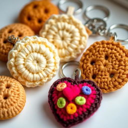 A charming collection of crocheted biscuit keychains, showcasing a variety of delightful biscuit designs