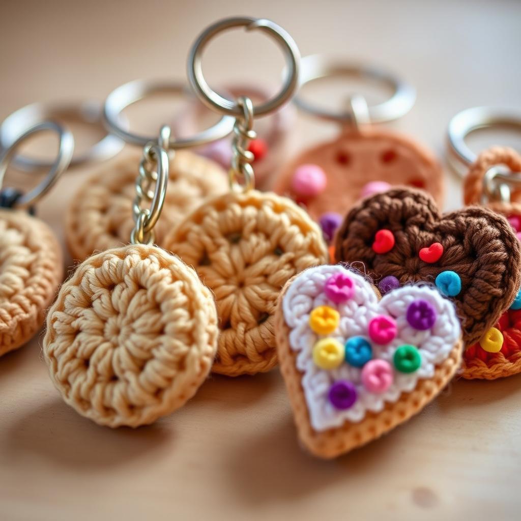 A charming collection of crocheted biscuit keychains, showcasing a variety of delightful biscuit designs