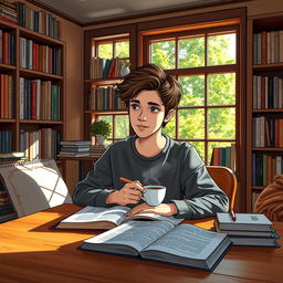 A cozy scene depicting a person learning English while enjoying a cup of tea