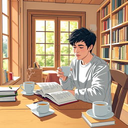 A cozy scene depicting a person learning English while enjoying a cup of tea