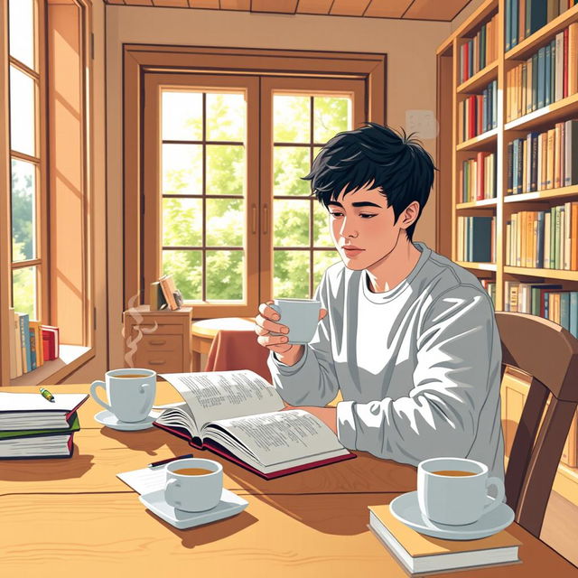A cozy scene depicting a person learning English while enjoying a cup of tea