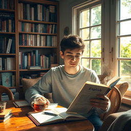 A cozy scene depicting a person learning English while enjoying a cup of tea