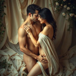 A tastefully artistic depiction of a nude couple embracing each other in a serene environment