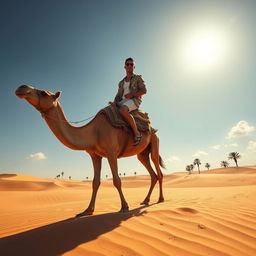 Cristiano Ronaldo riding a majestic camel across a vast desert landscape, golden sand dunes stretching towards the horizon under a clear blue sky