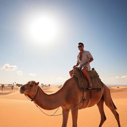 Cristiano Ronaldo riding a majestic camel across a vast desert landscape, golden sand dunes stretching towards the horizon under a clear blue sky