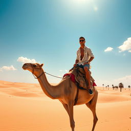 Cristiano Ronaldo riding a majestic camel across a vast desert landscape, golden sand dunes stretching towards the horizon under a clear blue sky