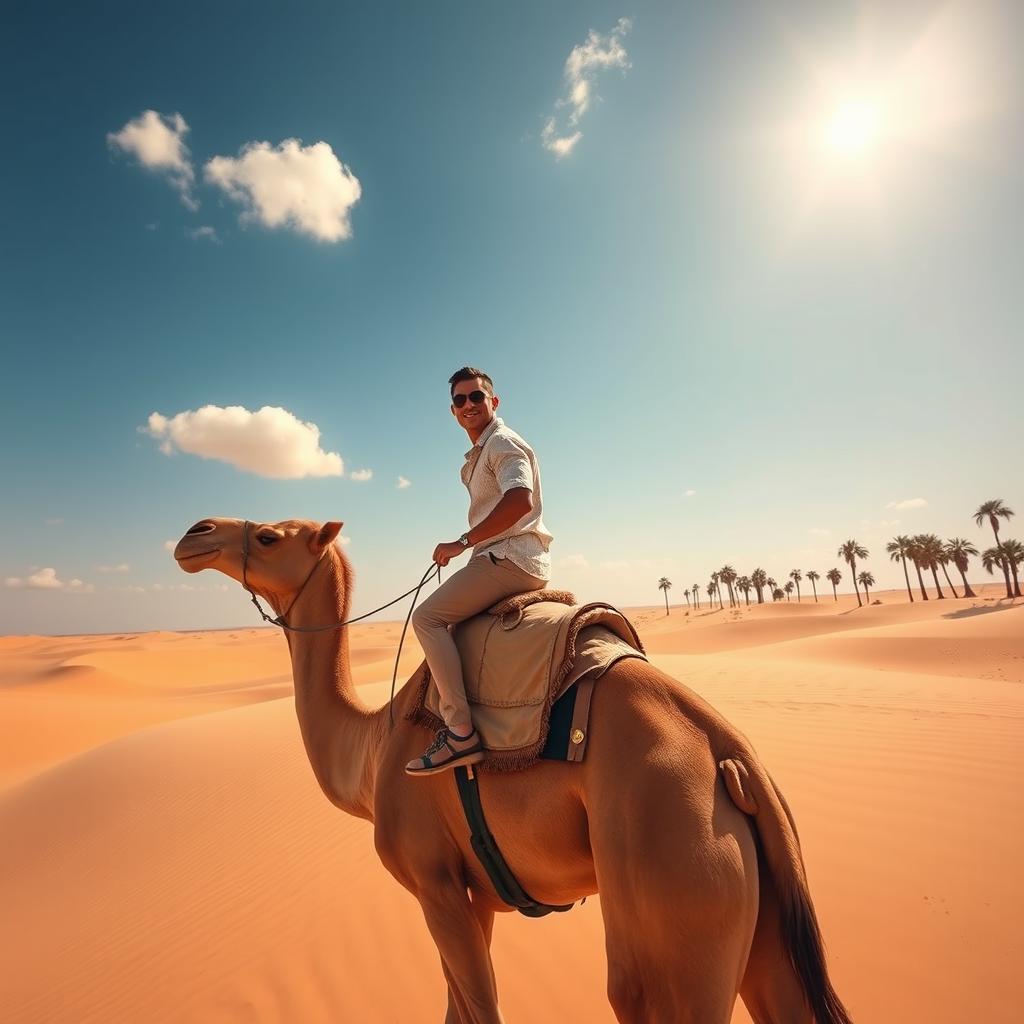 Cristiano Ronaldo riding a majestic camel across a vast desert landscape, golden sand dunes stretching towards the horizon under a clear blue sky