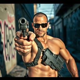 A man confidently pointing a handgun towards the viewer, dressed in tactical gear and wearing sunglasses