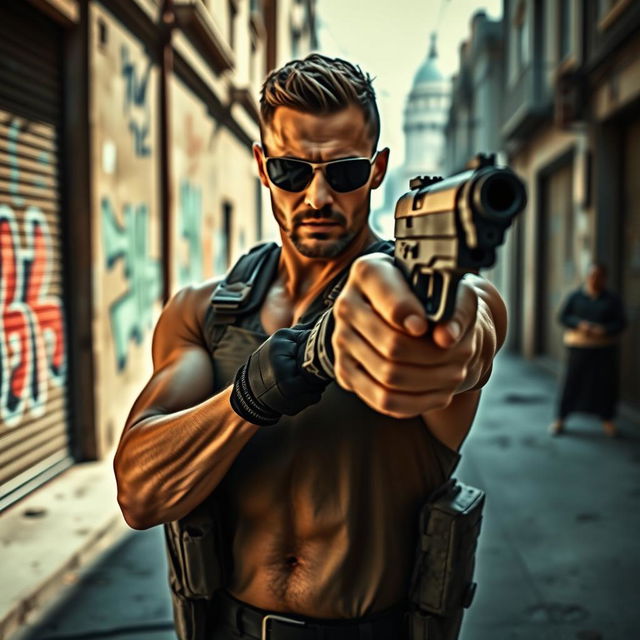 A man confidently pointing a handgun towards the viewer, dressed in tactical gear and wearing sunglasses