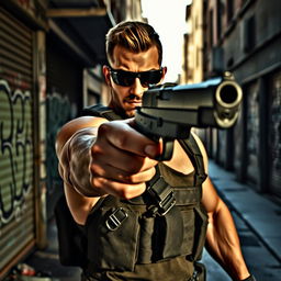 A man confidently pointing a handgun towards the viewer, dressed in tactical gear and wearing sunglasses