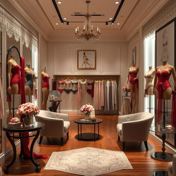 An elegant lingerie store interior featuring soft lighting that creates a warm and inviting atmosphere