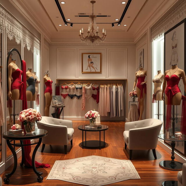An elegant lingerie store interior featuring soft lighting that creates a warm and inviting atmosphere