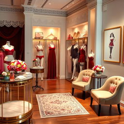 An elegant lingerie store interior featuring soft lighting that creates a warm and inviting atmosphere