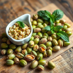 A beautifully arranged dish featuring vibrant green pistachios, some whole and some shelled, elegantly scattered on a rustic wooden table
