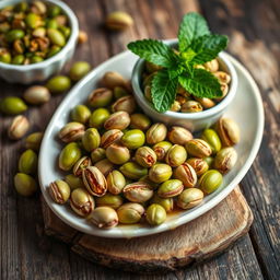A beautifully arranged dish featuring vibrant green pistachios, some whole and some shelled, elegantly scattered on a rustic wooden table