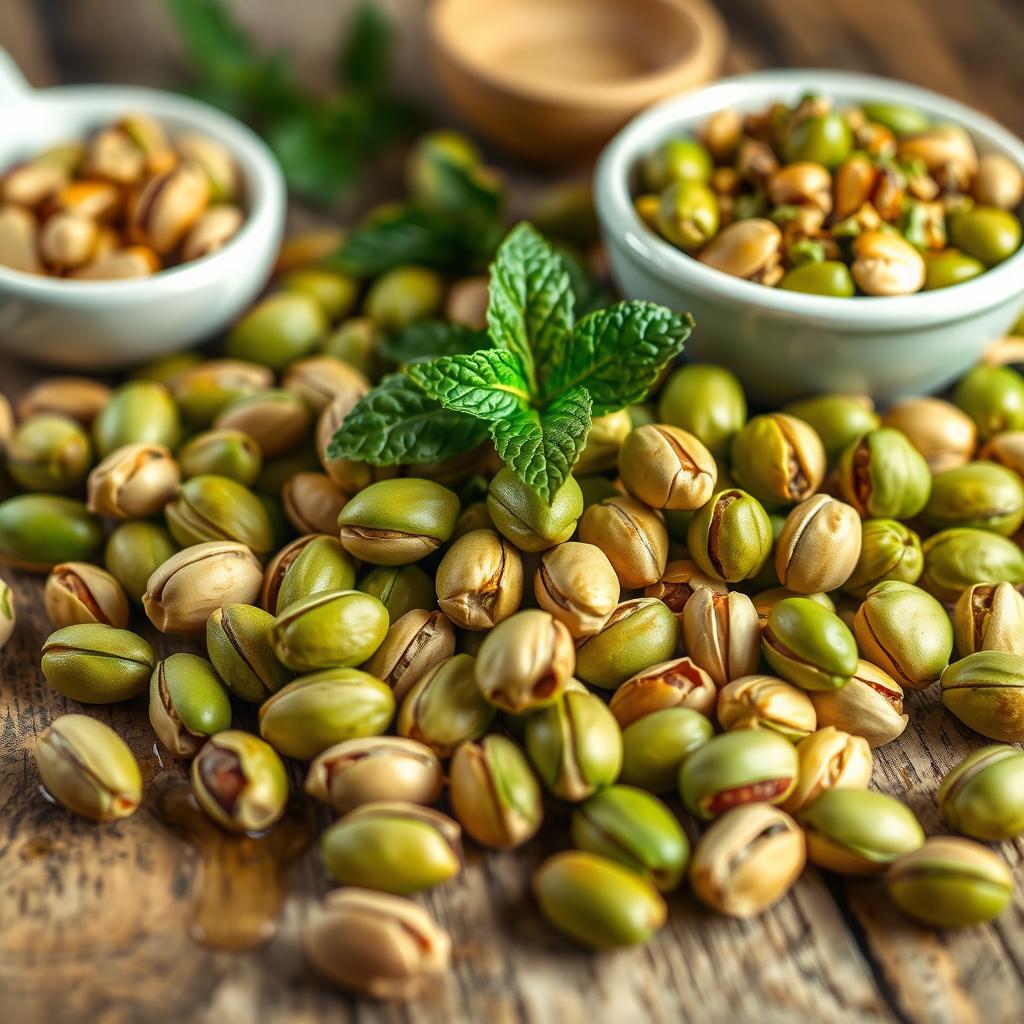 A beautifully arranged dish featuring vibrant green pistachios, some whole and some shelled, elegantly scattered on a rustic wooden table