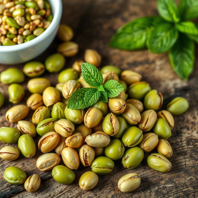 A beautifully arranged dish featuring vibrant green pistachios, some whole and some shelled, elegantly scattered on a rustic wooden table