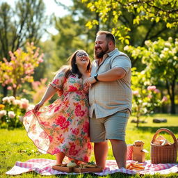 A warm and joyful scene featuring a chubby couple playfully embracing in a sun-drenched park
