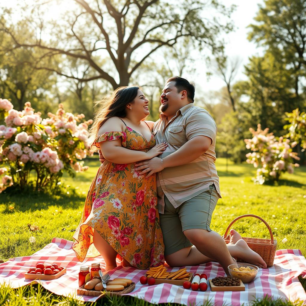 A warm and joyful scene featuring a chubby couple playfully embracing in a sun-drenched park