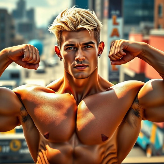 A muscular man with striking blonde hair, showcasing an athletic physique, confidently displaying his ear piercings