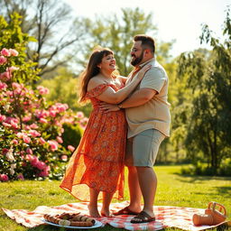 A warm and joyful scene featuring a chubby couple playfully embracing in a sun-drenched park