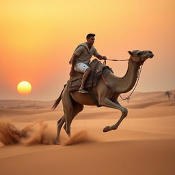 A dynamic depiction of a male soccer star, resembling Cristiano Ronaldo, riding a majestic camel across a vast golden desert landscape